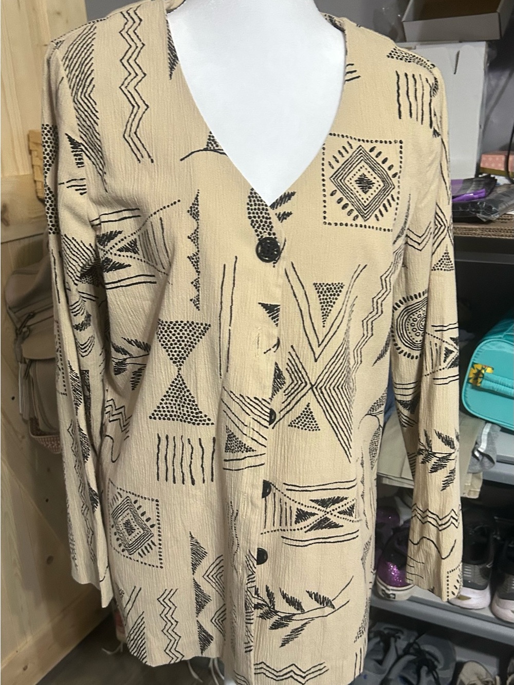 Draper’s & Dmon’s Women’s M Beige Beige Black Geometric Boho Tunic Blouse
